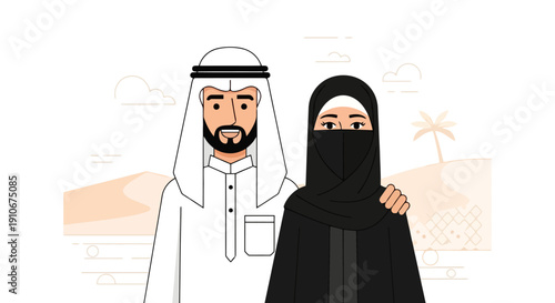 Middle Eastern couple in traditional clothing standing together.