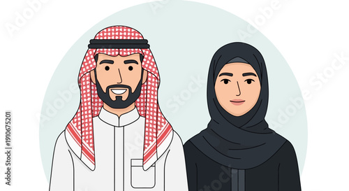 Middle Eastern Couple Traditional Attire Cartoon Style.