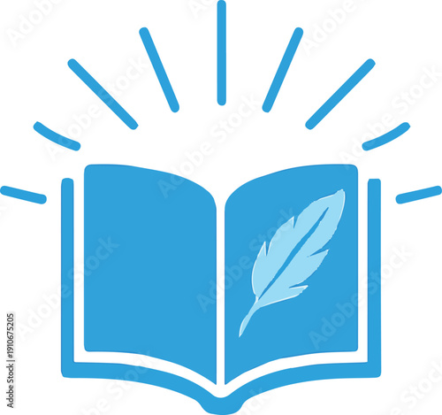 A minimalist, flat design logo featuring an open, bright blue book at the center. Thin, radiant blue lines emanate outwards from the book, suggesting knowledge or inspiration