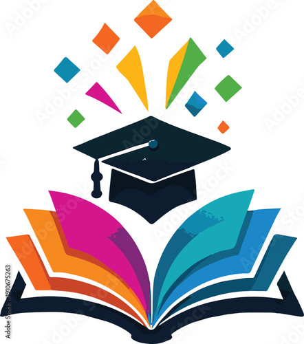 A vibrant and stylized logo featuring an open book with colorful pages fanning out.