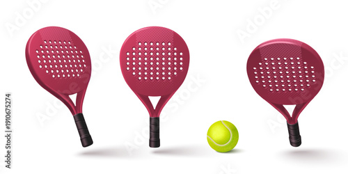 Padel racket with yellow ball isolated on white background. Vector design elements, modern sport equipment, red paddle tennis racquet illustration for tournament or championship banners, sports game