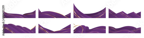 Elegant purple waves with golden ribbons abstract vector background. Curve shape frames or certificate corner borders with gold wavy lines, banners layout, footer and design elements for invitation
