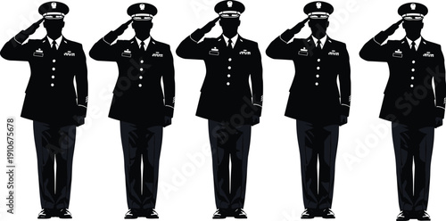 Five Uniformed Police Officers Saluting in Formal Dress Uniform Silhouette Set Isolated on Light Background Military Respect Ceremony Vector Illustration Collection Design