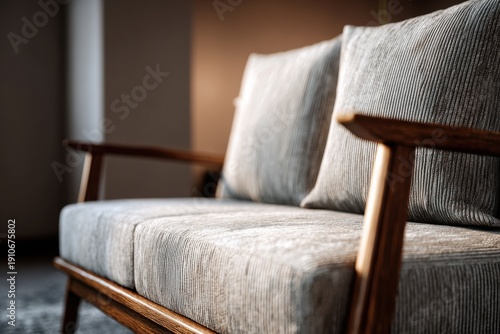 A plush couch adorned with soft cushions sits invitingly in a warm, cozy room, where the afternoon sunlight beautifully highlights the intricate details of the fabric.