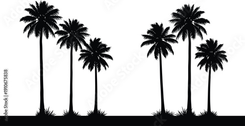 Silhouette vector of tropical palm trees grouped on land strip with spiky plants, coastal nature illustration for summer, beach, vacation design