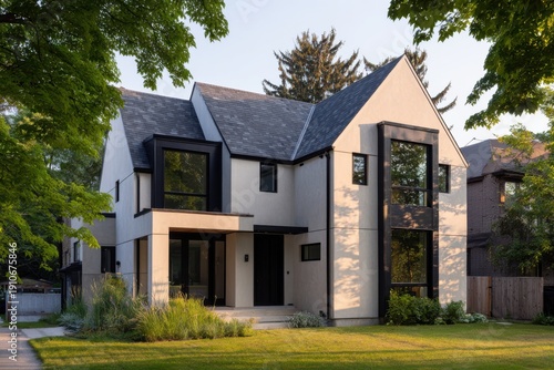 Contemporary home featuring a strikingly sleek design and expansive windows, beautifully encircled by lush green trees on a bright, sunny day