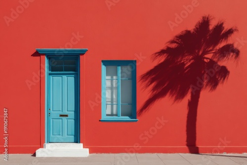 A vibrant bright orange wall is complemented by a striking blue door and a window, which beautifully frames the shadow of a palm tree in the warm daylight