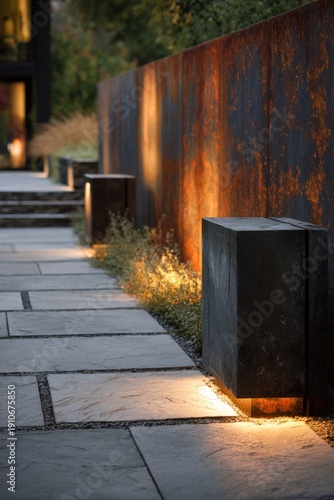 Pathway with lit stones near a rusted wall at dusk in a modern outdoor setting where soft light highlights the walkway and surrounding plants