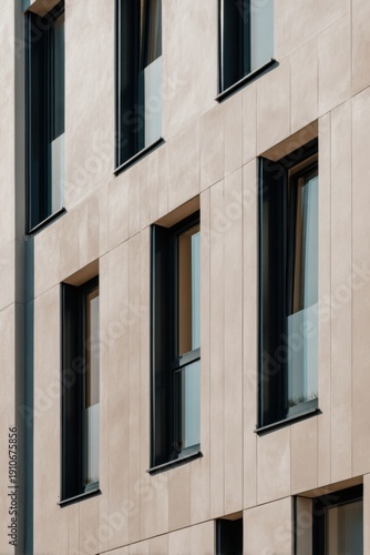 A detailed close-up of a building's facade reveals a series of windows characterized by clean lines and geometric shapes, set against the backdrop of a bustling city during the bright daylight