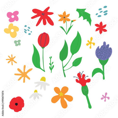 Cute Hand Drawn Spring Flowers and Leaves Vector Set. Perfect for greeting cards, stickers, posters, kids design