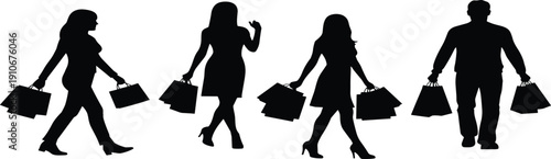 Silhouettes of stylish shoppers carrying shopping bags, fashion retail sale concept, isolated black figures of men and women walking together