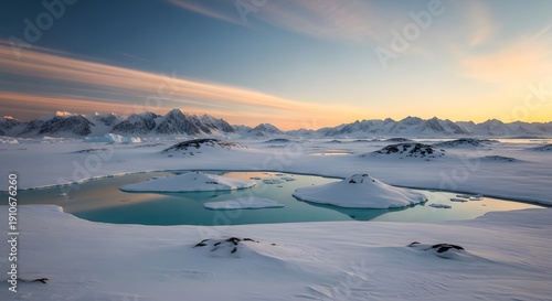 Stunning arctic landscape with snow-covered mountains and lake