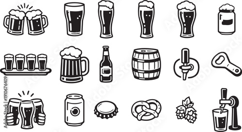 Beer Drinking and Craft Pub Icons in Minimalist Black and White Line Art
