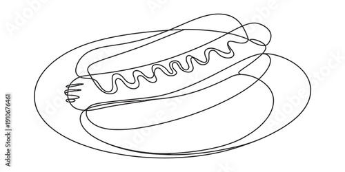 Minimalist black and white outline illustration of a classic hot dog on a round plate. Vector, illustration