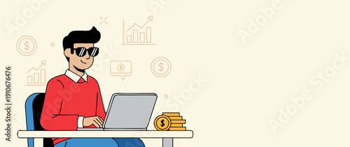 Man working on laptop with financial growth illustration
