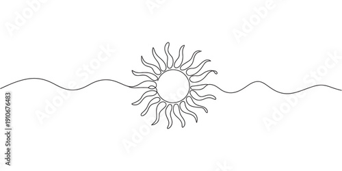 Minimalist continuous line drawing of a sun with wavy rays and a horizontal wave. Vector, illustration