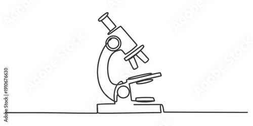 Continuous line drawing of a scientific microscope for laboratory research and education. Vector, illustration