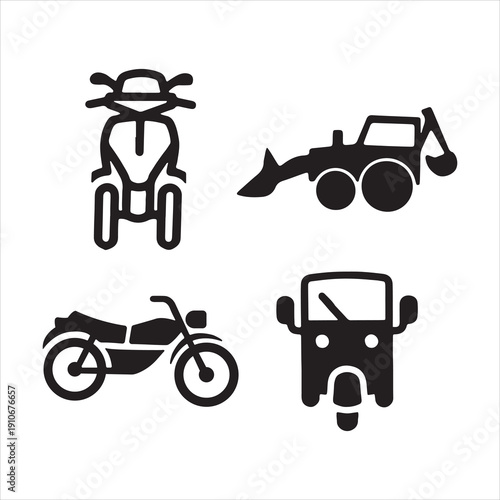 Black silhouettes of a motorcycle scooter auto rickshaw and construction loader icons on white