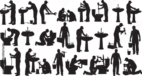 Silhouettes of plumbers working on sinks and toilets with tools and buckets plumbing