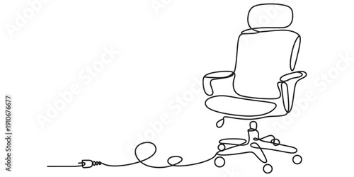 Minimalist continuous line drawing of an ergonomic office chair with a headrest and rolling wheels. Vector, illustration