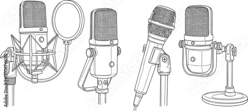 Vector illustration of different microphone types on stands including condenser, dynamic, studio, podcast, broadcasting