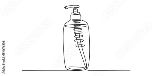 Continuous one line drawing of a soap dispenser bottle with a pump for hand washing. Vector, illustration