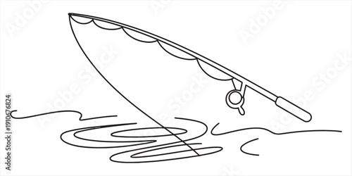 A simple black and white line drawing of a fishing rod with its line cast into the water. Vector, illustration
