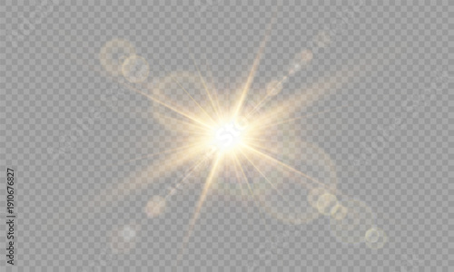 Yellow sunlight light effect. Glowing light burst. Transparent PNG illustration. Vector light effect with rays and beams. Png