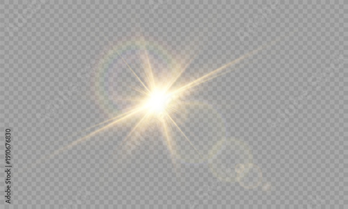 Yellow glowing light burst explosion on transparent. Vector light effect with rays and beams. Png