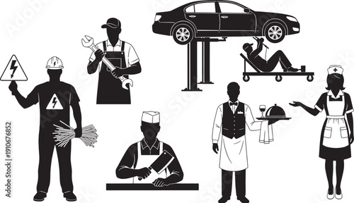 Silhouettes of various service workers and a car on a lift mechanic electrician butcher