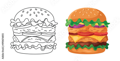Comparison of sketch and realistic burger illustrations highlighting different artistic styles, food visualization methods, creative concepts, and visual presentation approaches for culinary design pr