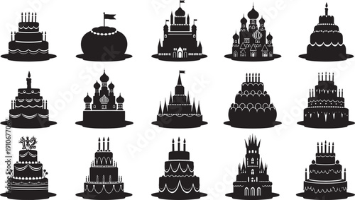 Collection of black silhouette birthday cakes and fairytale castles celebration party anniversary