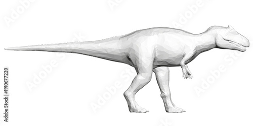 Polygonal T-Rex dinosaur model in a low poly art style, composed of geometric shapes and multiple colors against a clean white background. This stylized allosaurus illustration has a unique.