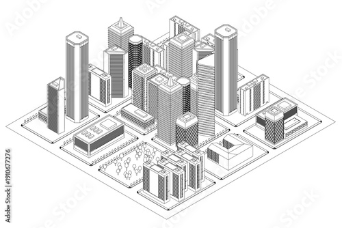 Low poly contour drawing of a city skyline with detailed skyscraper architecture in a black and white geometric style. Isometric view