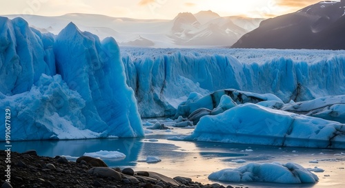Massive blue icebergs float in a glacial lagoon