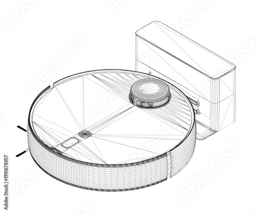 A detailed 3D wireframe model of a robot vacuum cleaner, showcasing its internal components, sensors, and mechanical structure on a clean white background. Isometric view