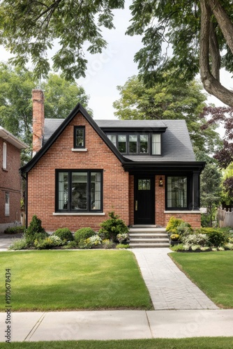 A contemporary brick home, surrounded by a lush green lawn and vibrant garden, set in a picturesque suburban neighborhood on a sunny summer day