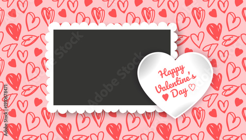 Happy Valentine's Day greeting card with place for your congratulations or wishes, on the background of a seamless pattern with hearts