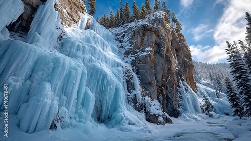 Wallpaper Mural Massive frozen waterfall ice curtains on a limestone cliff with snow-covered pine trees and a pale blue winter sky in hyper-detailed style. Torontodigital.ca