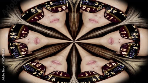 female looking at camera with glasses and spiral pattern