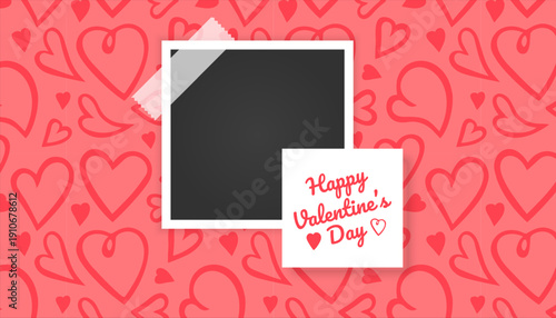 Happy Valentine's Day greeting card with place for your congratulations or wishes, on the background of a seamless pattern with hearts