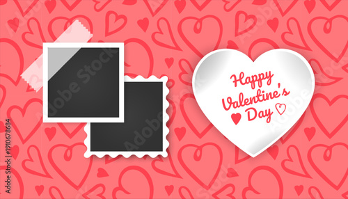 Happy Valentine's Day greeting card with place for your congratulations or wishes, on the background of a seamless pattern with hearts