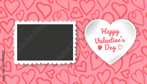 Happy Valentine's Day greeting card with place for your congratulations or wishes, on the background of a seamless pattern with hearts