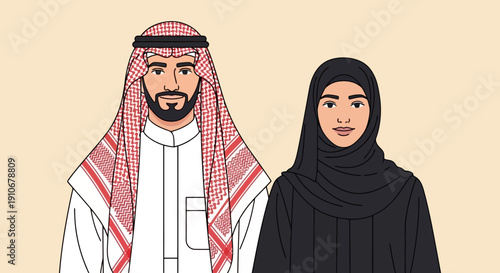 Middle Eastern Couple Traditional Clothing Illustration.