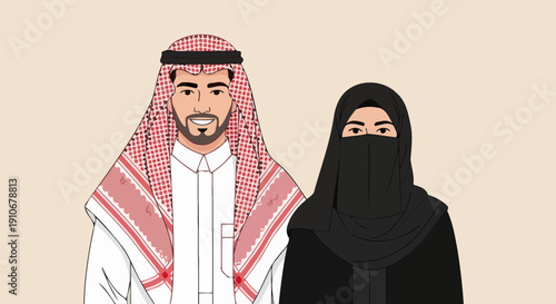 Middle Eastern Couple Traditional Clothing Illustration.