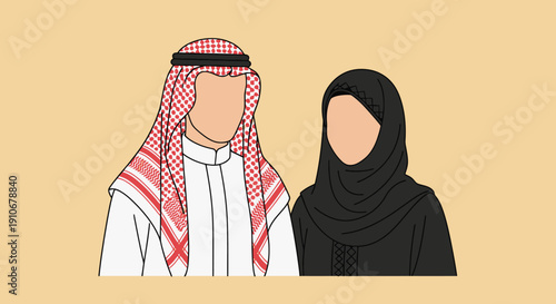 Middle Eastern Couple Traditional Clothing Vector Illustration.
