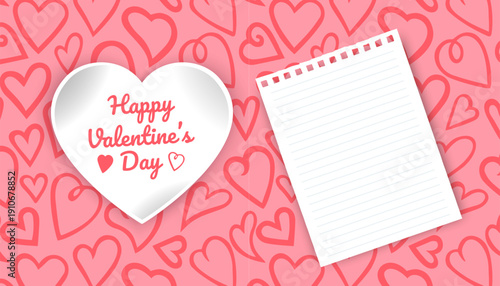 Happy Valentine's Day greeting card with place for your congratulations or wishes, on the background of a seamless pattern with hearts