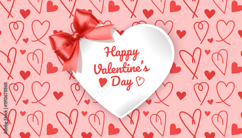 Happy Valentine's Day greeting card with place for your congratulations or wishes, on the background of a seamless pattern with hearts