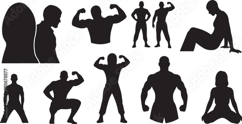 Silhouettes of people in various poses and exercises