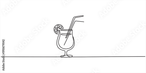 One line drawing of a cocktail glass with straws and a fruit garnish on a white background. Vector, illustration
